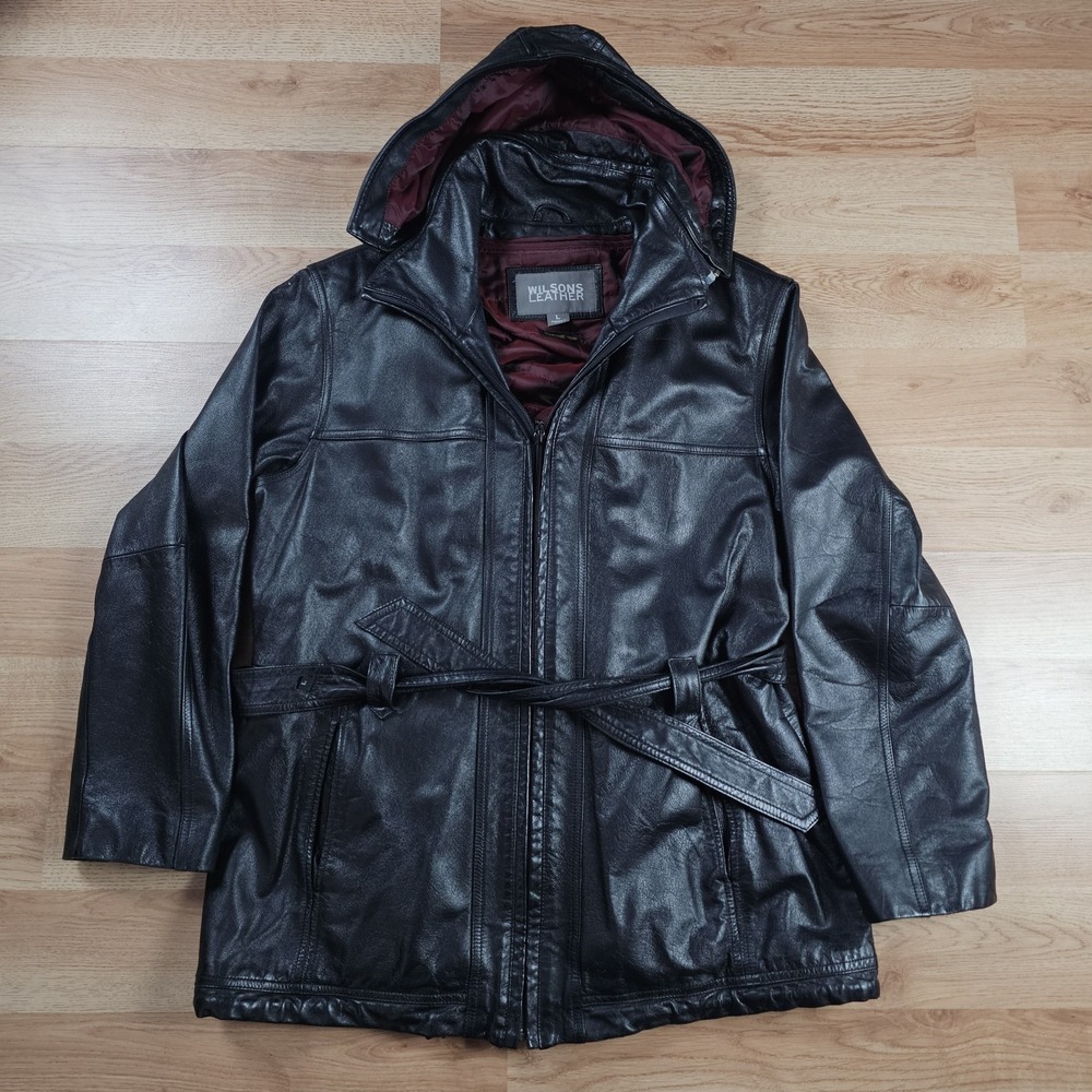 VtgWilsons Leather Coat Womens Larhe Thinsulate Lined Black Hooded Belted Jacket